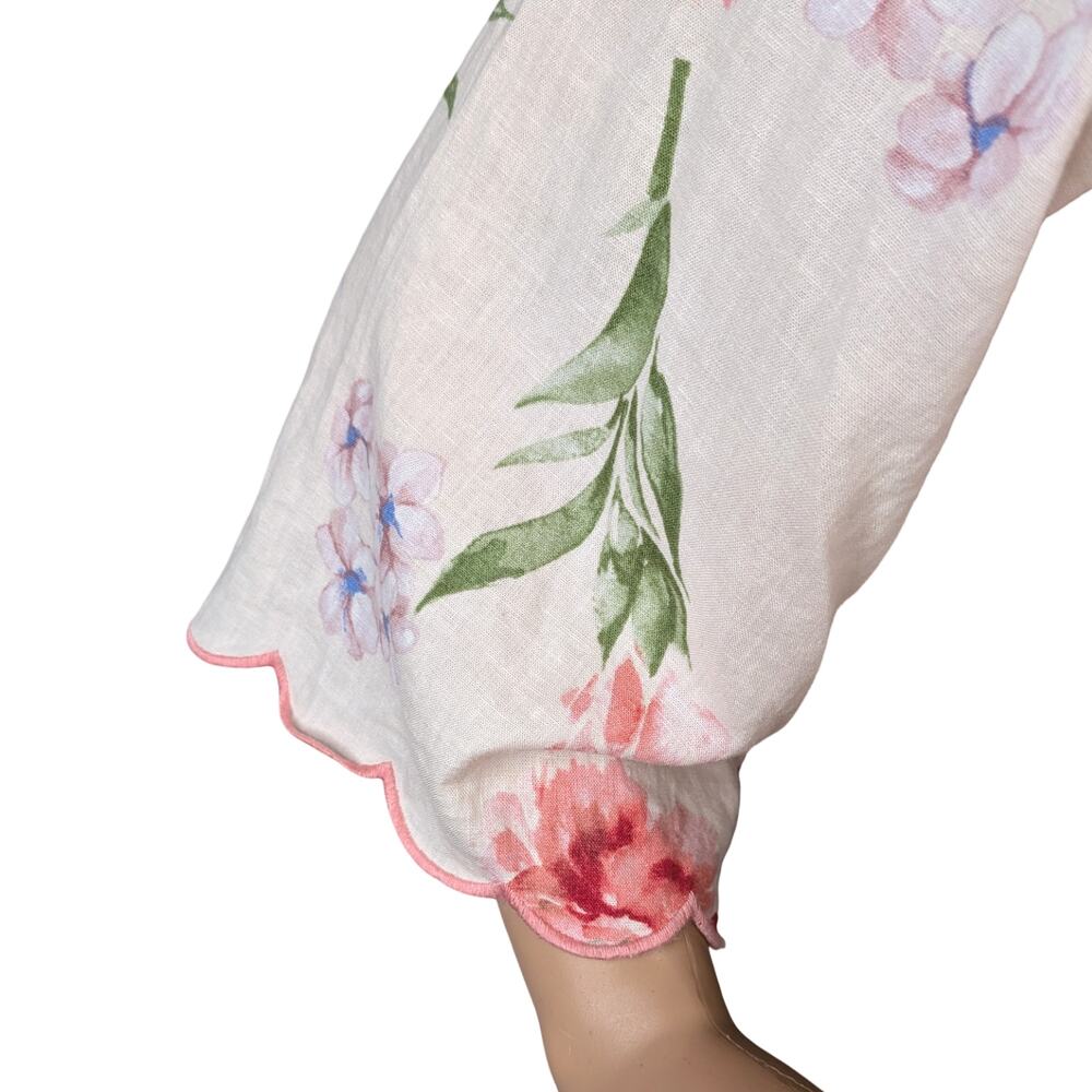 Laura Ashley Ivory Pink Floral Linen Blend Tie-Front Blouse Scalloped Hem XS - Picture 6 of 12